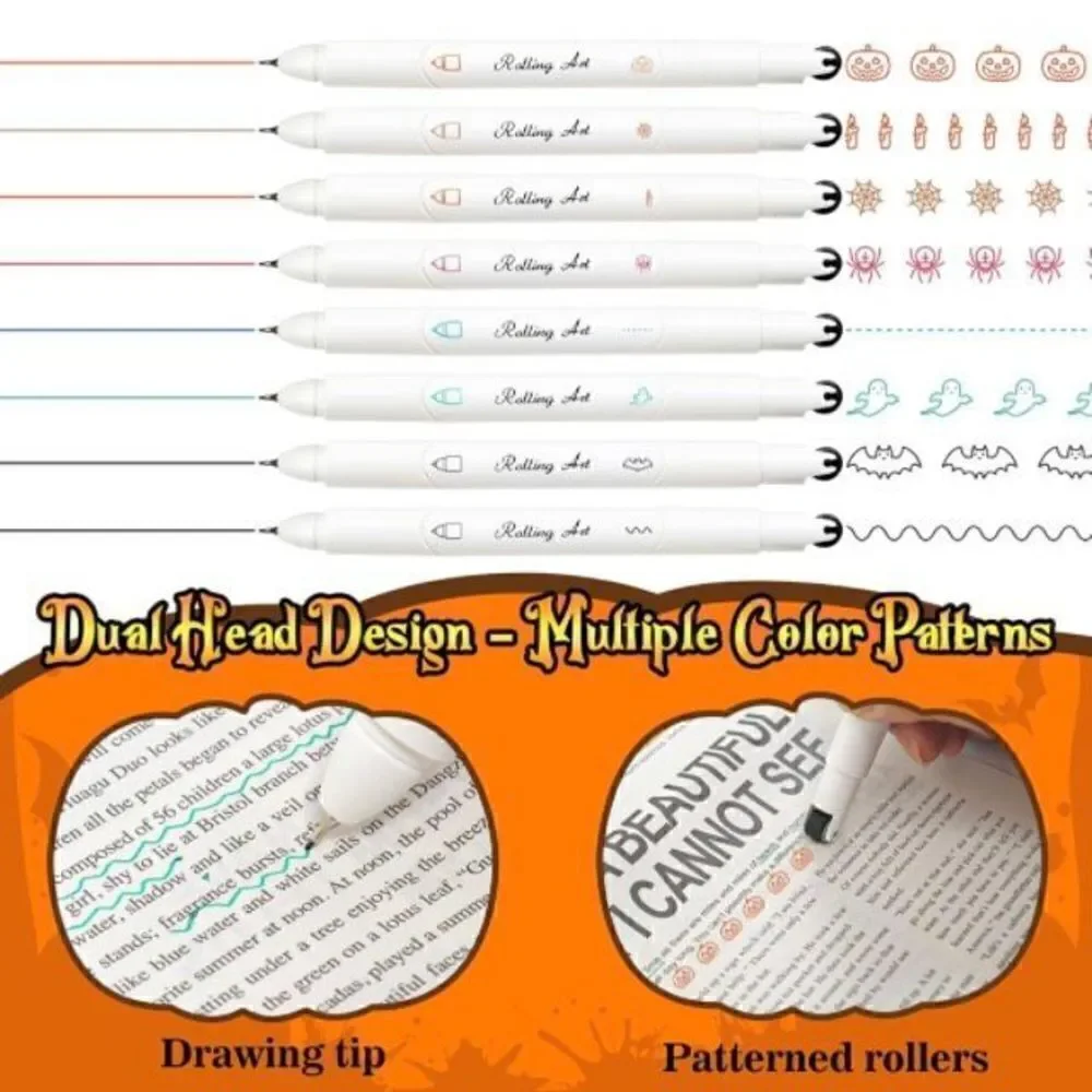 8Pcs Colorful Novelty Fidget Curve Pen - 8 Halloween Patterns, Assembled, DIY Sh